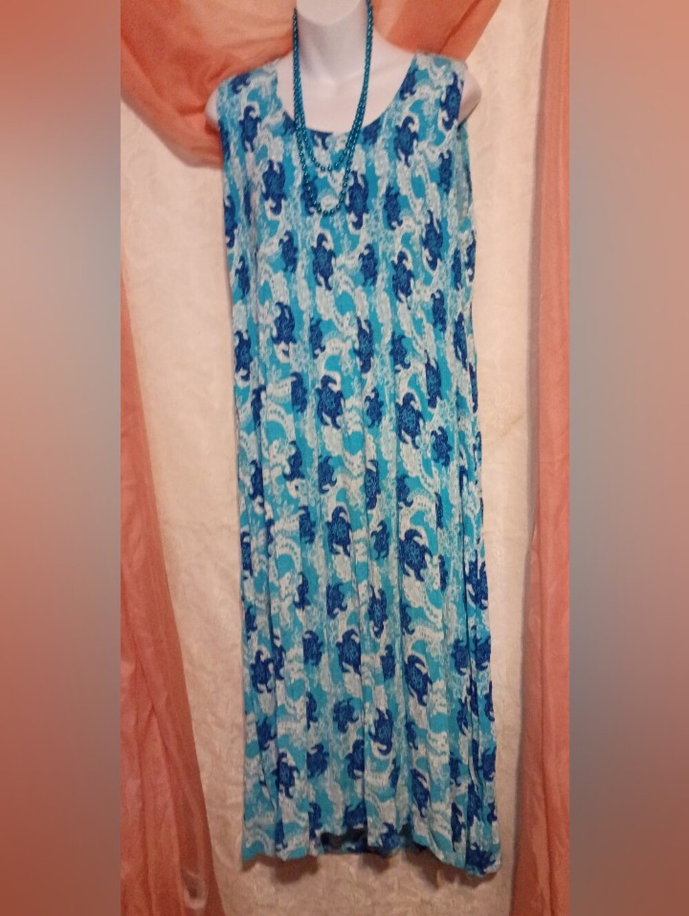 Kaktus Ladies Teal and Navy Wave-Print Maxi Dress Sz XL